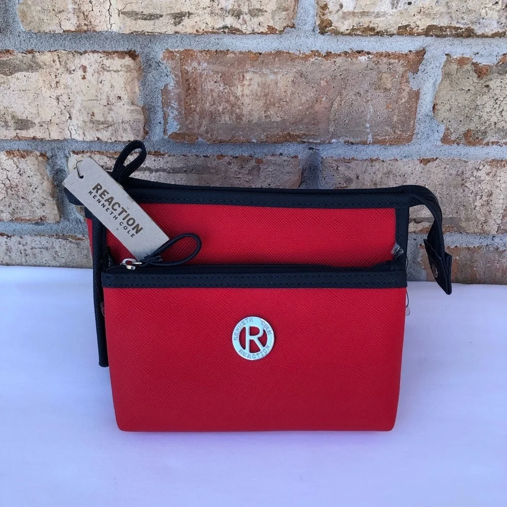 Kenneth Cole Reaction 2 Piece East West Red Navy Travel Toiletries Makeup Bag